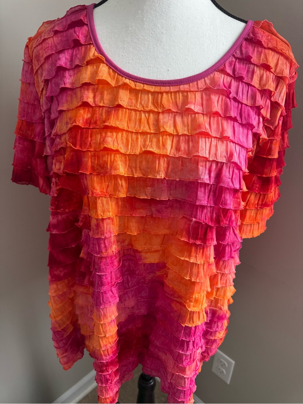 Ruffle Layered Blouse Pink Orange Ombre Boho Short Sleeve Top Womens Large - Picture 2 of 10